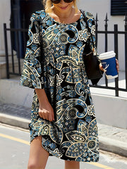  Boho Paisley Print Three Quarter Sleeve Loose Fit Dress