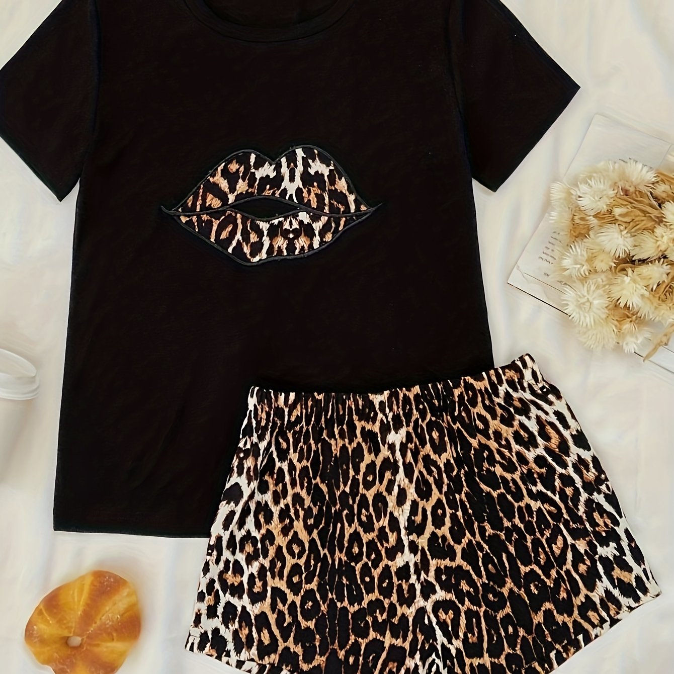 Leopard Print Lounge Set Short Sleeve Crew Neck Top & Elastic Waistband Shorts