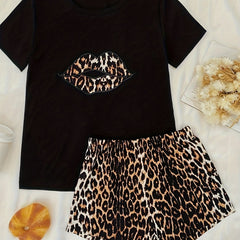 Leopard Print Lounge Set Short Sleeve Crew Neck Top & Elastic Waistband Shorts