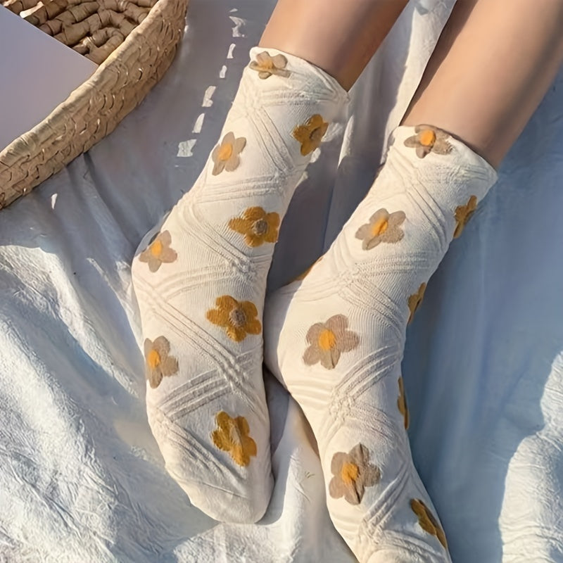 4 Pairs Floral Print Socks Mid Tube Stockings & Hosiery