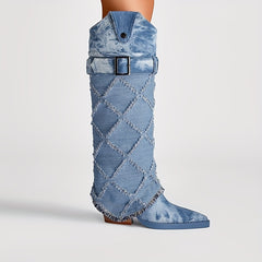 Women's Tie Dye Plaid Boots Point Toe Mid-Calf Chunky Heel Shoes