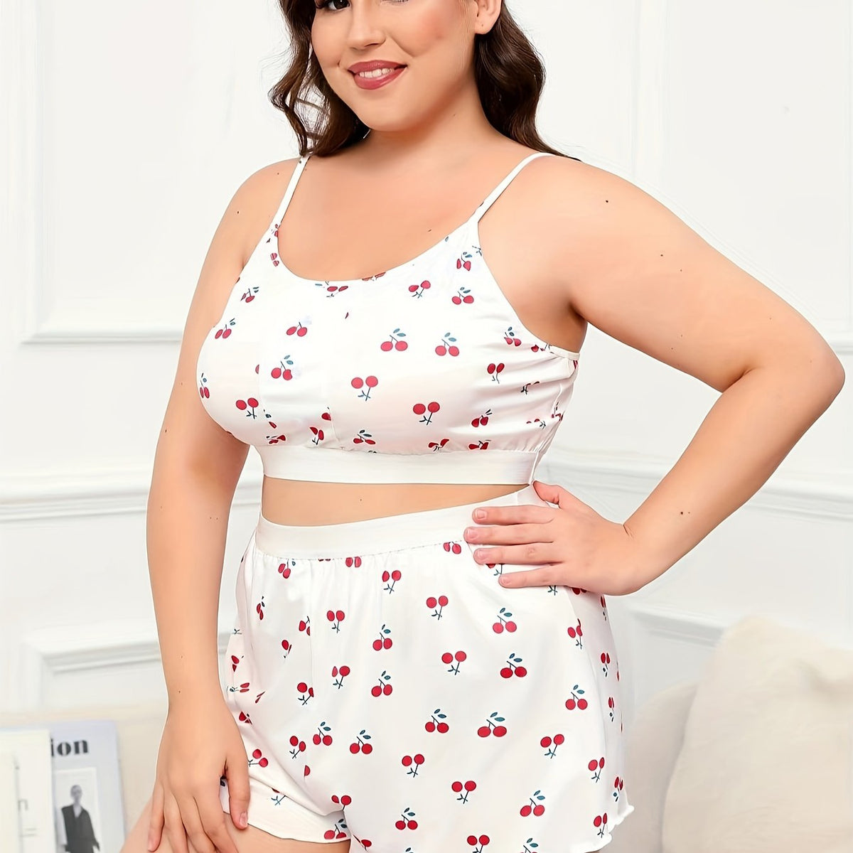  Cherry Print Crop Cami Top & Shorts Loungewear Set