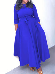  Solid Three Quarter Sleeve Maxi Dress With Belt