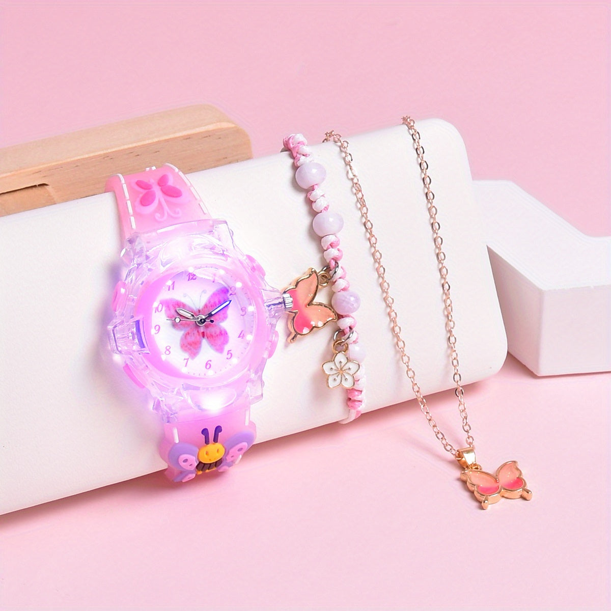 3pcs Girls Butterfly Suit Set: Watch, Necklace, Non-Rechargeable But