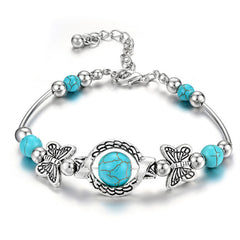 Vintage Silver Turquoise Butterfly Bracelet Chain Beads Bangle Wedding Gift