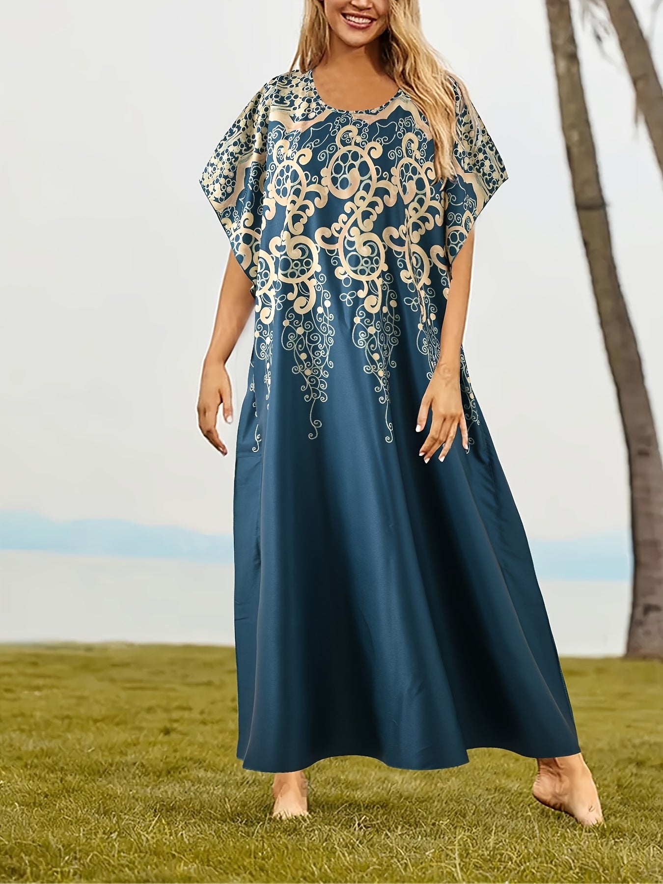 Boho Kaftan Dress Plus Size Baroque Print Maxi Cover Up
