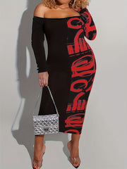  Off Shoulder Graffiti Print Maxi Midi Dress
