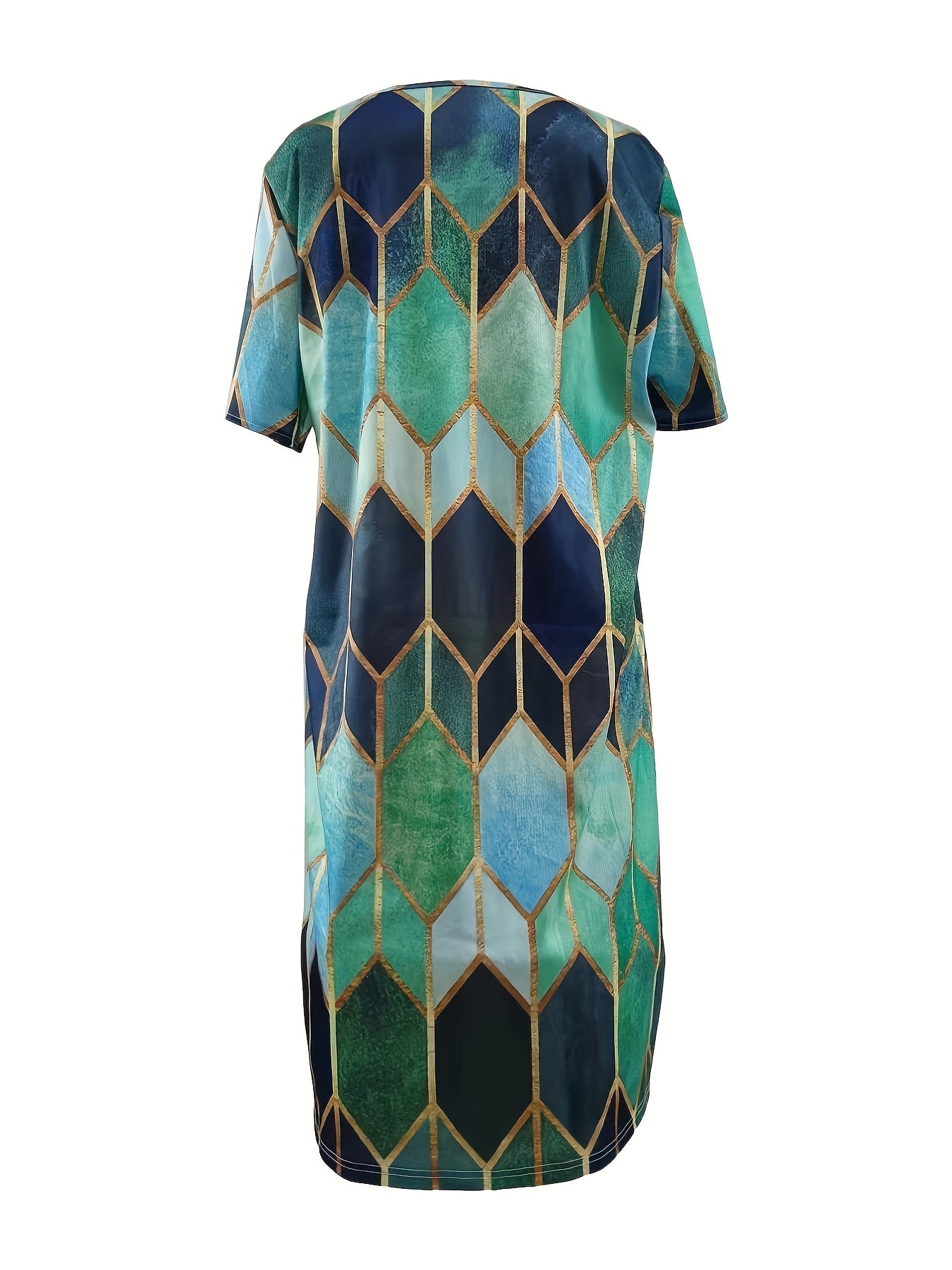  Geometric Print Short Sleeve Notched Neck Dress
