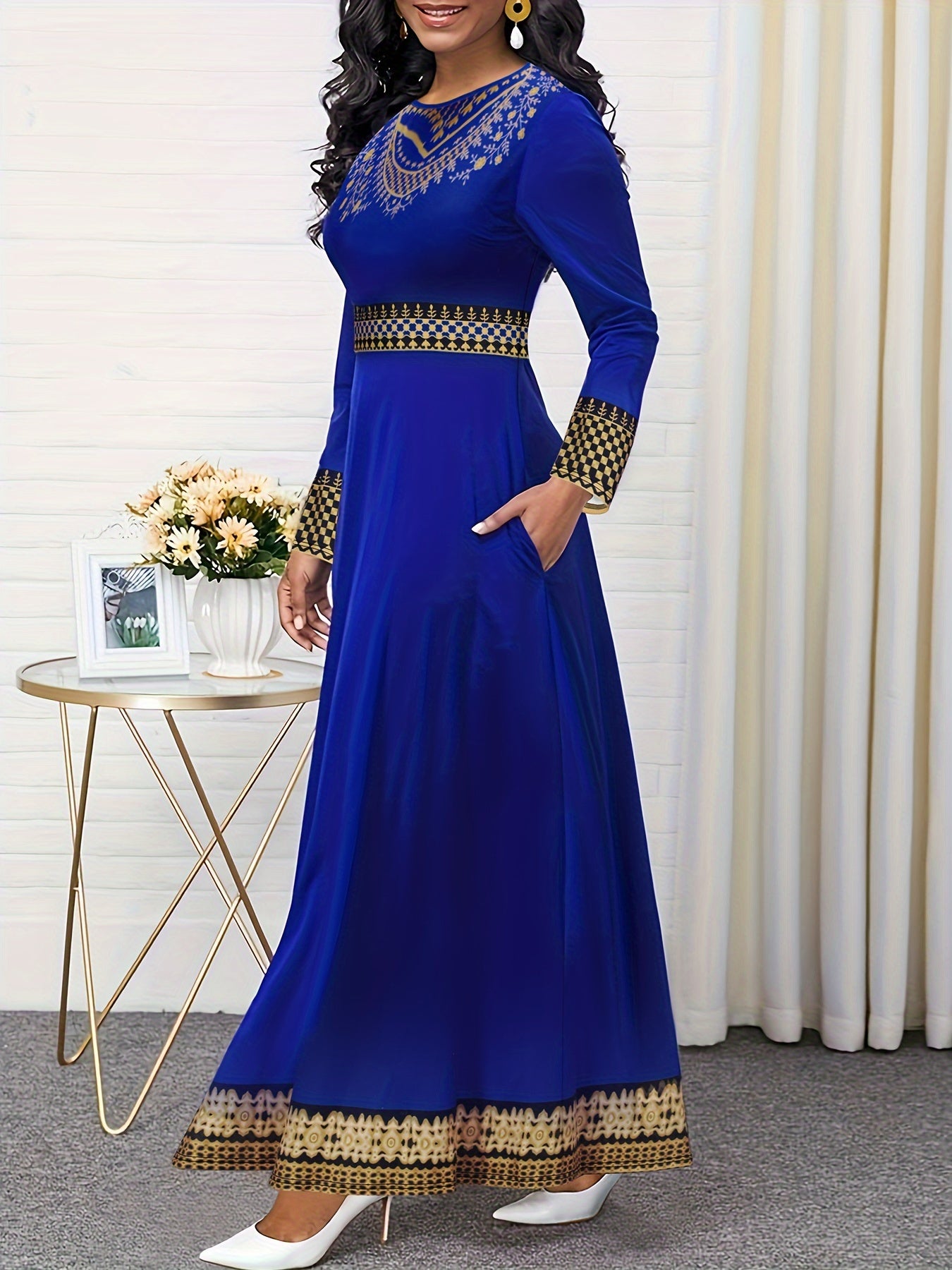  Ethnic Style Maxi Dress Colorblock Tribal Print Long Sleeve Round Neck