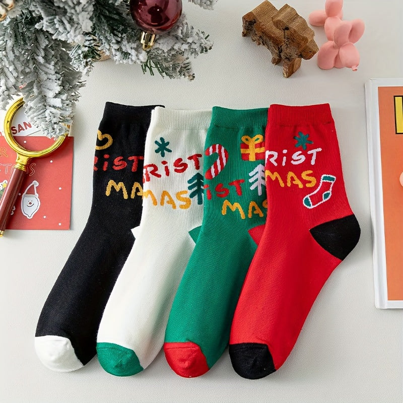 4 Pairs Christmas Letter Print Socks Women's Mid Tube Stockings