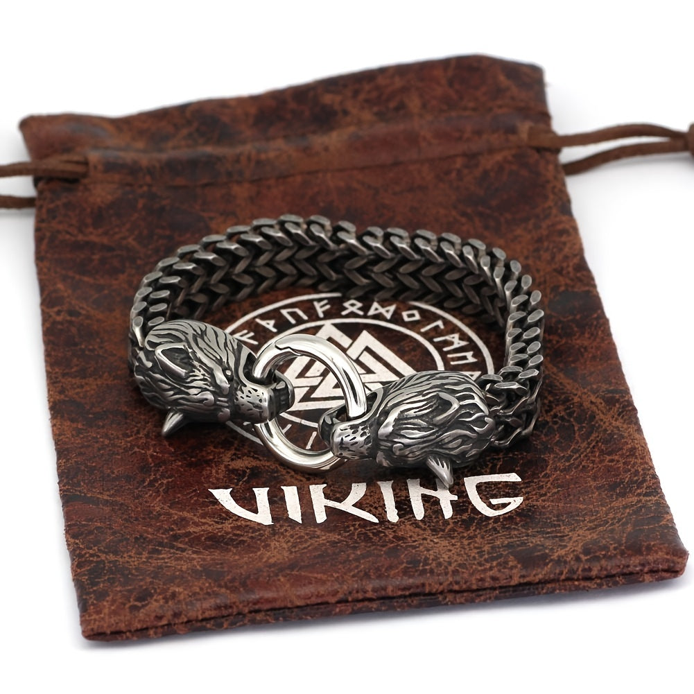 Men's Stainless Steel Wolf Head Bracelet Vintage Personality Viking