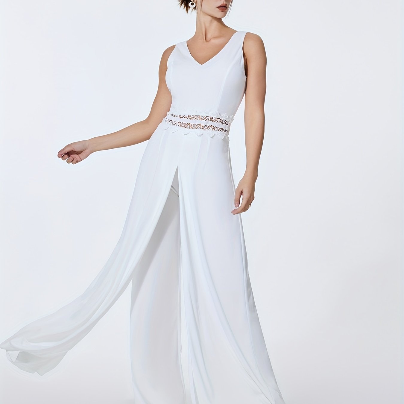 Sleeveless Jumpsuit with Overskirts Casual V Neck Lace Splicing Long Length