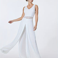Sleeveless Jumpsuit with Overskirts Casual V Neck Lace Splicing Long Length