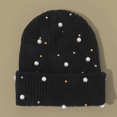 Faux Pearl Beanie Hat Classic Winter Warm Knitted Hat For Women