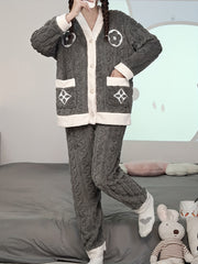 Floral Print Fuzzy Pajama Set Long Sleeve V Neck Women's Sleepwear