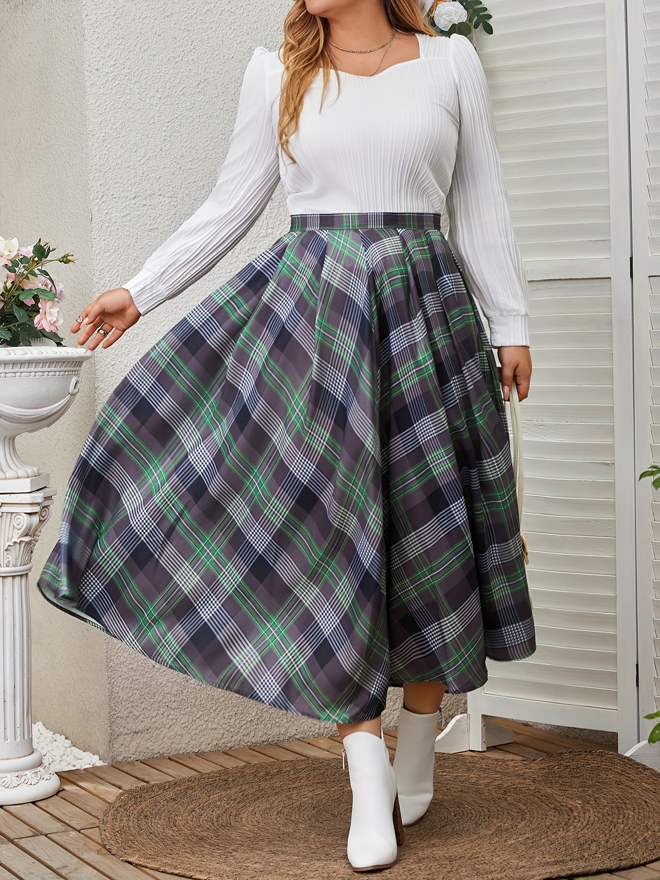  Retro Skirt Women's Plus Plaid Elastic A line Skirt