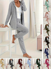  Solid Hooded Zip Coat & Drawstring Pants Set