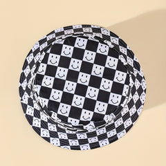Mens Checkerboard Happy Face Polyester Bucket Hat