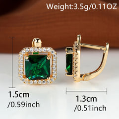 Square Green Zircon Stud Earrings Golden Bride Wedding Jewelry