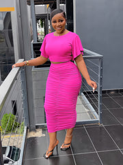 Solid Two Piece Set Flared Sleeve Crop T-shirt & Ruched Midi Skirts