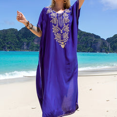 Women's Plus Size Boho Abaya Dress Embroidered V Neck Maxi Caftan Dress