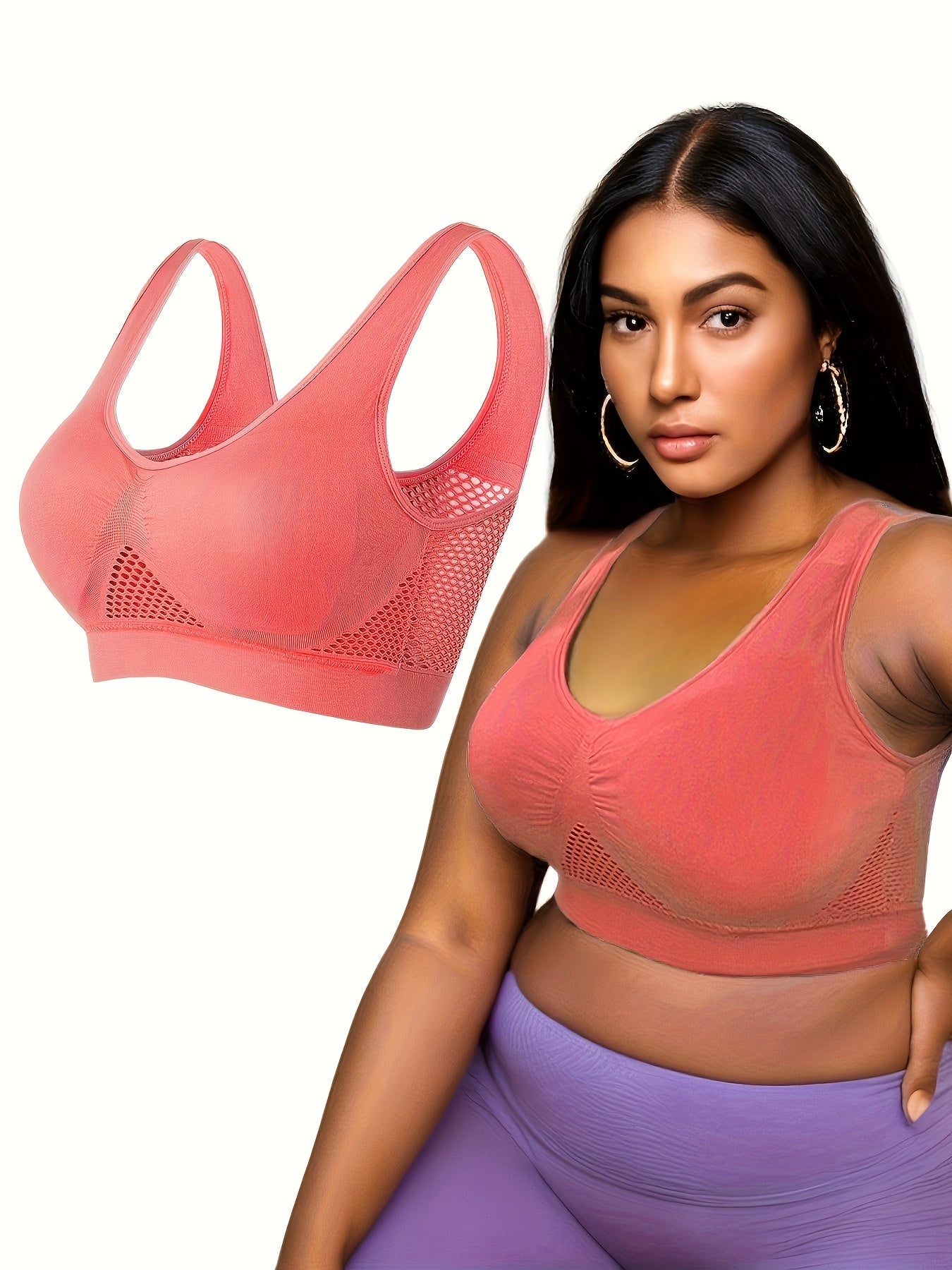  Sports Bra Women's Plus Solid Hollow Out Breathable Mesh Tank Bra