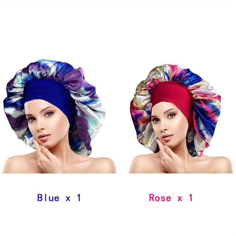 2pcs Colorful Satin Bonnet Oversized Turban Cap Large Elastic Head Wrap