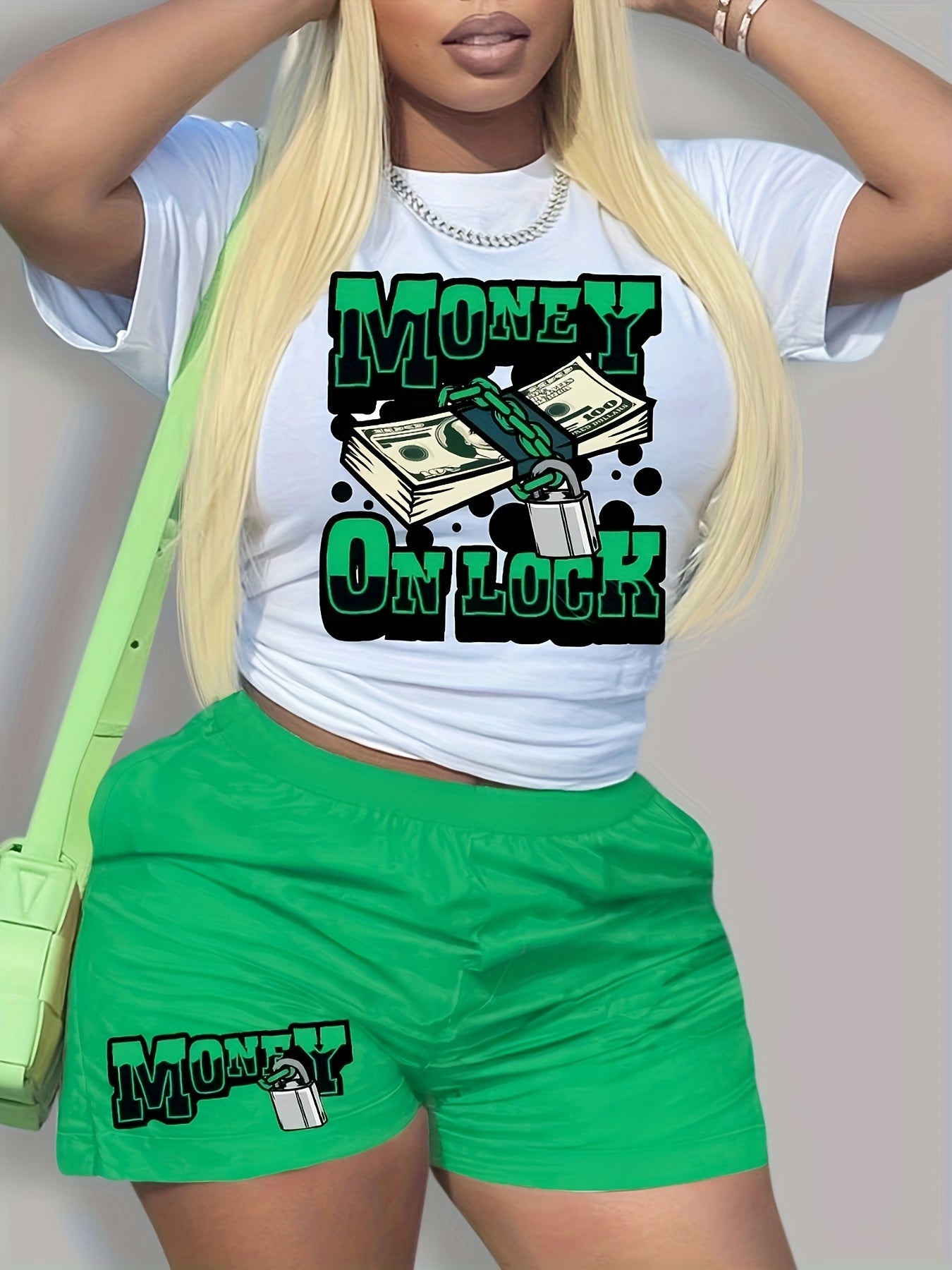 Money Letter Print 2pc Set Crew Neck T Shirt & Shorts Outfits