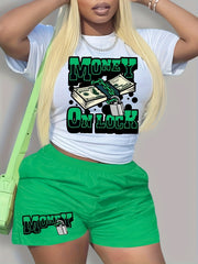 Money Letter Print 2pc Set Crew Neck T Shirt & Shorts Outfits
