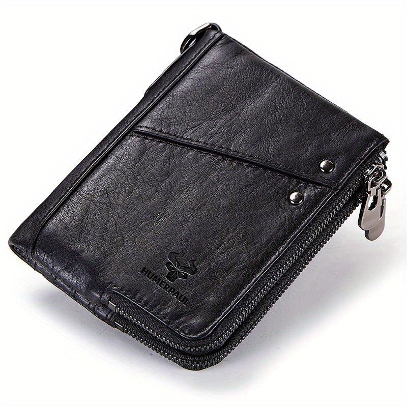 RFID Card Holder Leather Money Bag Double Zipper Male Clutch