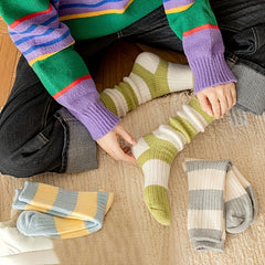 3 Pairs Striped Crew Socks Soft Mid Tube Stockings