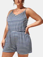  Casual Romper Women's Plus Stripe V Neck Nipped Waist