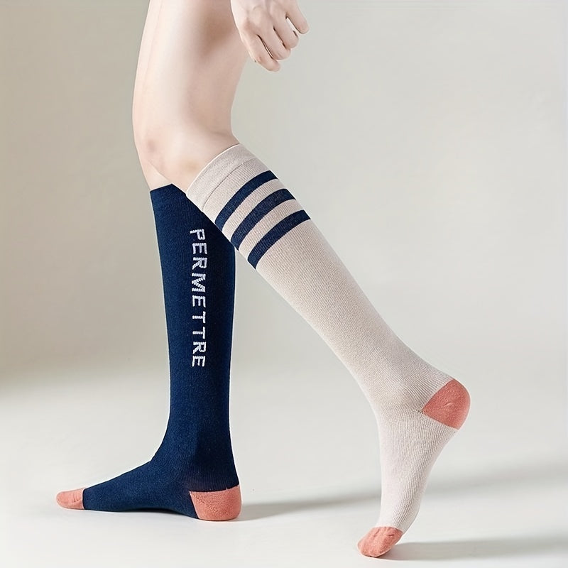 Letter & Stripe Print Calf Socks Colorblock Knee High Socks
