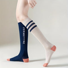 Letter & Stripe Print Calf Socks Colorblock Knee High Socks