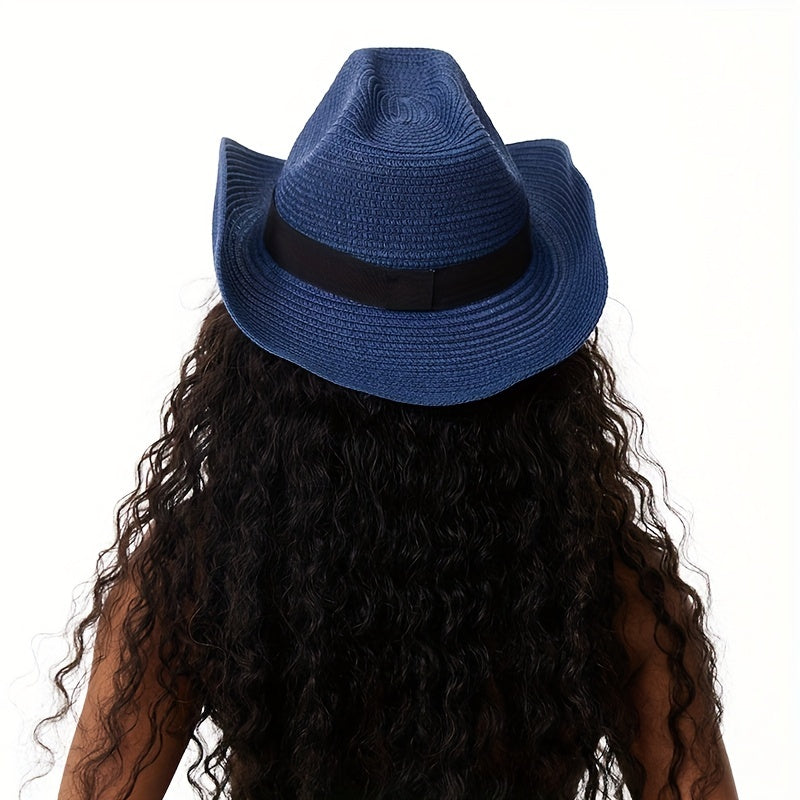 Unisex Western Cowboy Straw Hat Rolled Brim Sunscreen Sun Hat