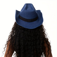 Unisex Western Cowboy Straw Hat Rolled Brim Sunscreen Sun Hat