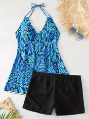  Vacay Tankini Set Leaf Print Halter Top & Shorts Swimsuit 2 Piece Set