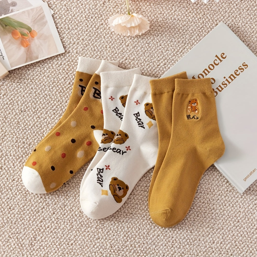 5 Pairs Cartoon Bear Print Socks Women's Mid Tube Stockings