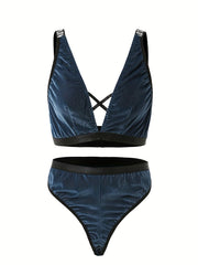  Velvet Letter Tape Criss Cross Bra & Panty Lingerie Set