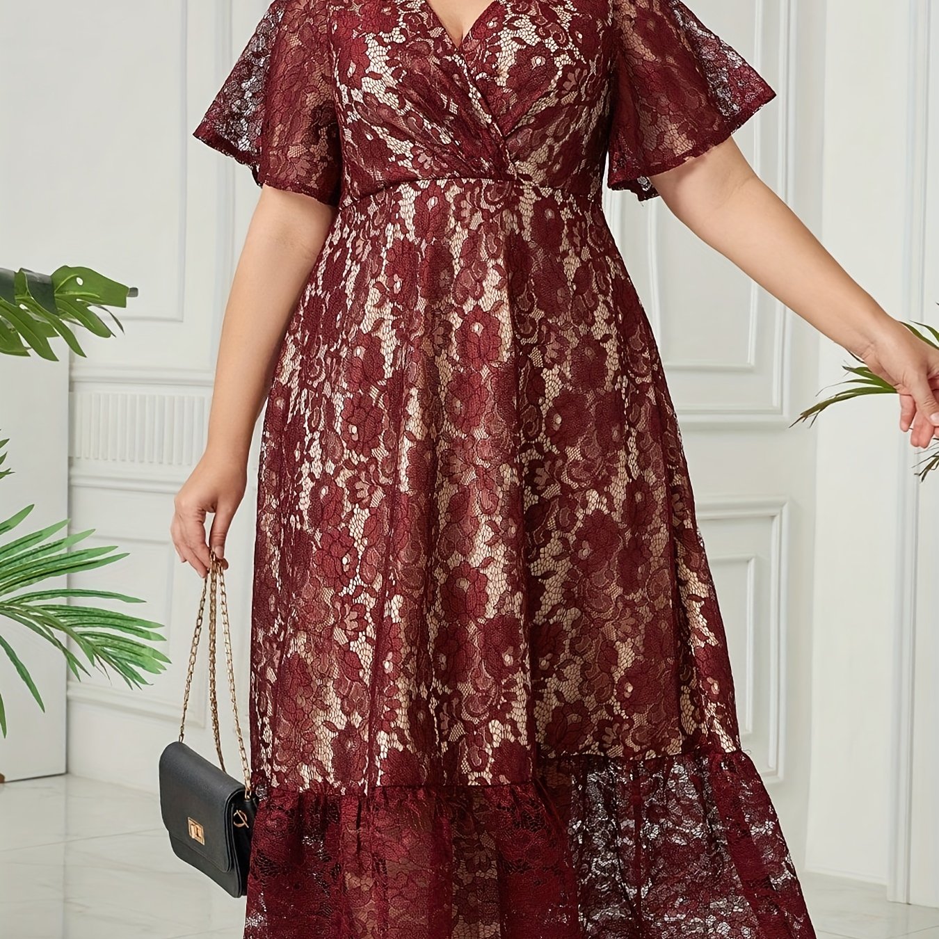  Solid Lace Short Sleeve Surplice Neck Smock Dress