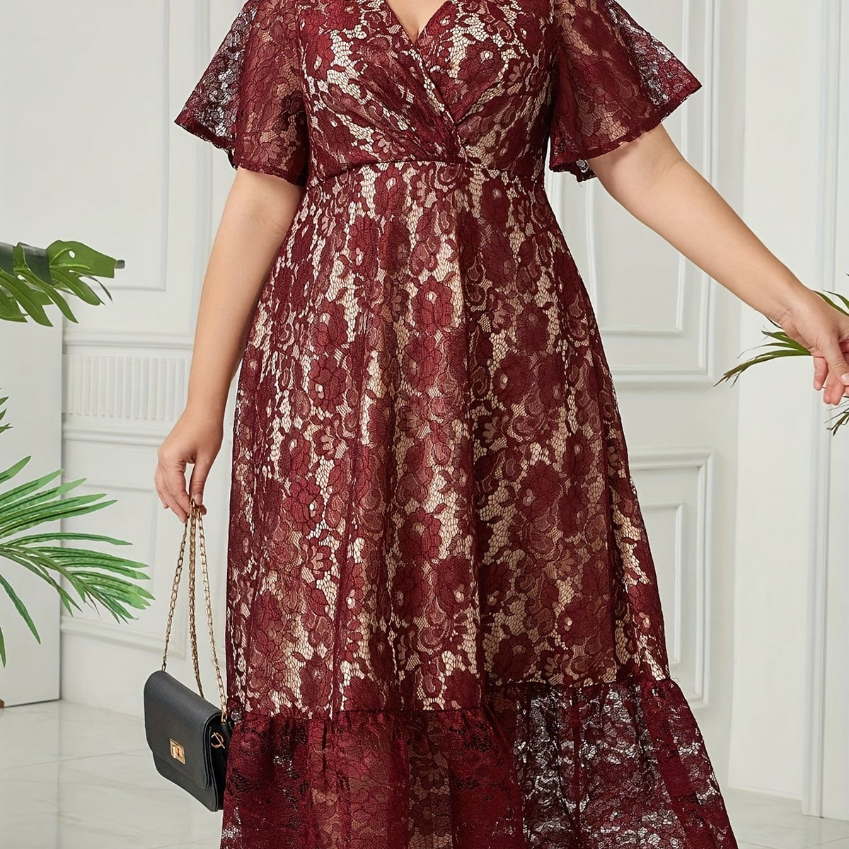  Solid Lace Short Sleeve Surplice Neck Smock Dress