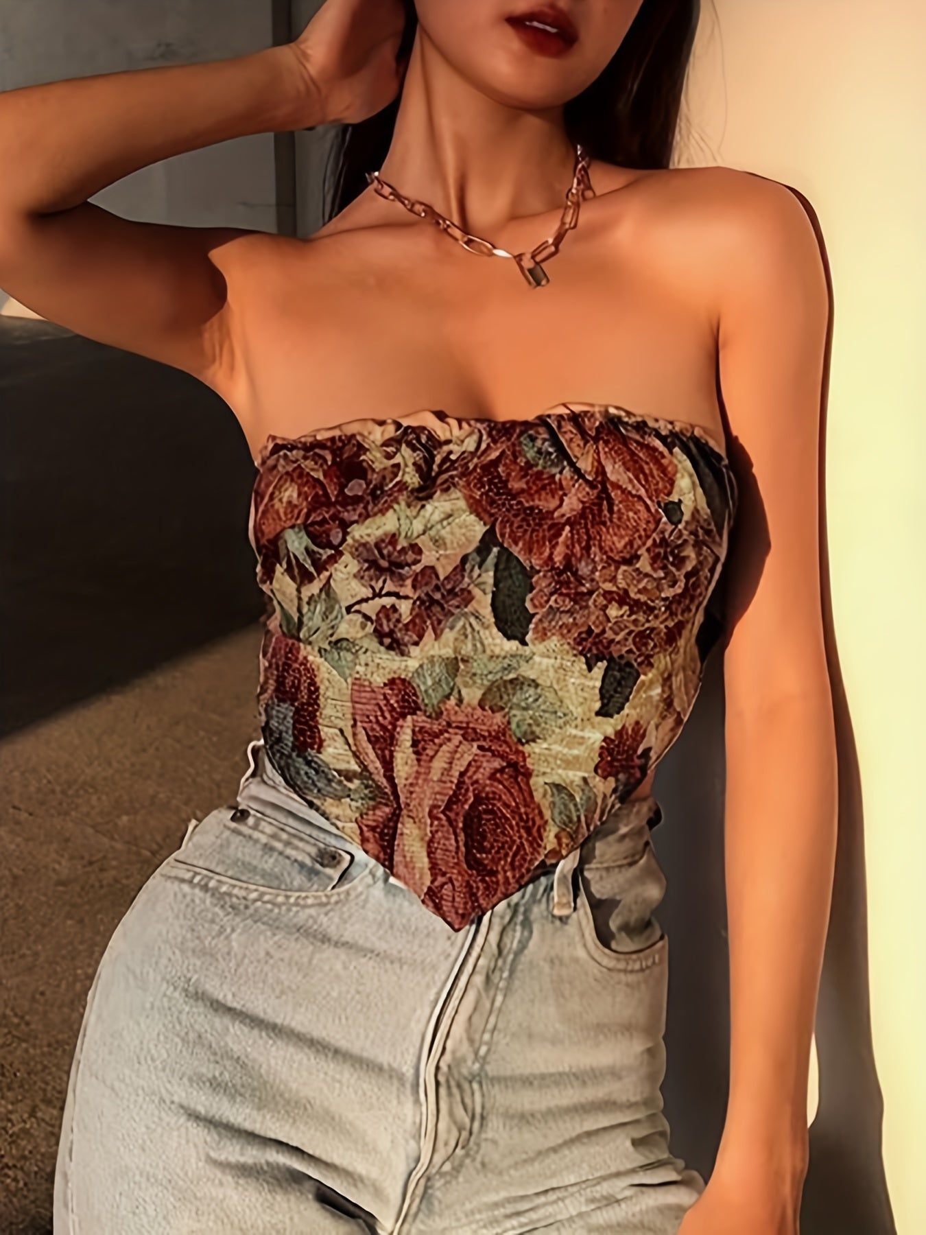 Floral Print Tube Top Backless Strapless Top