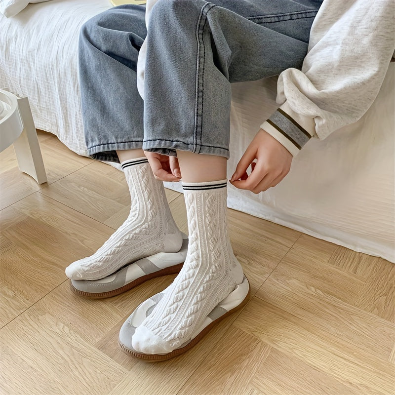 4 Pairs College Style Striped Textured Socks Women's Stockings