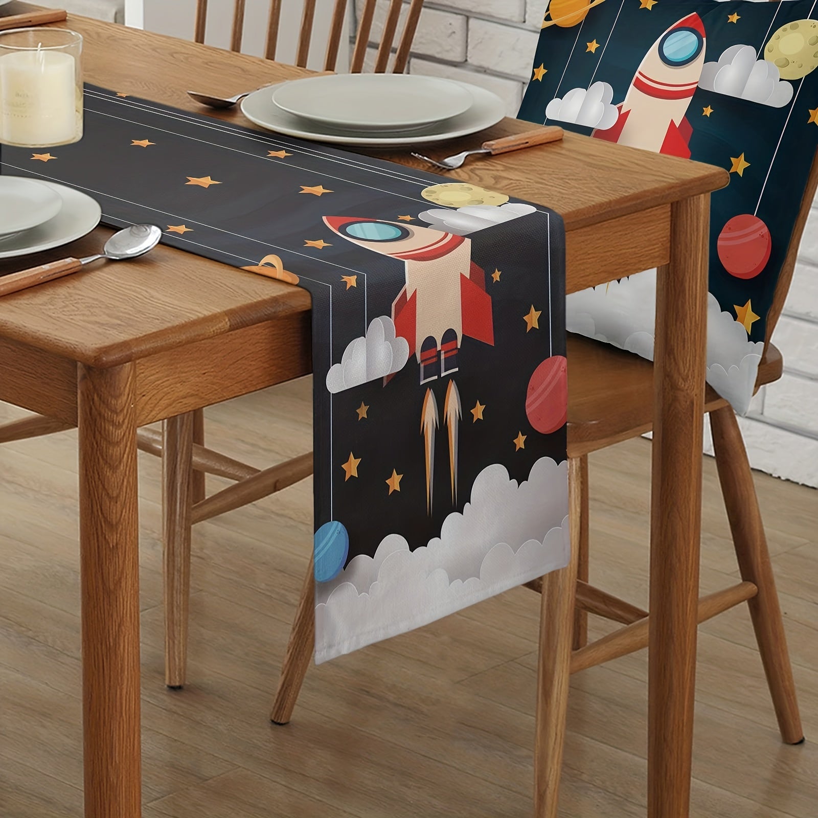 Space Rocket Planet Cotton Linen Table Runner 13x72 Inch