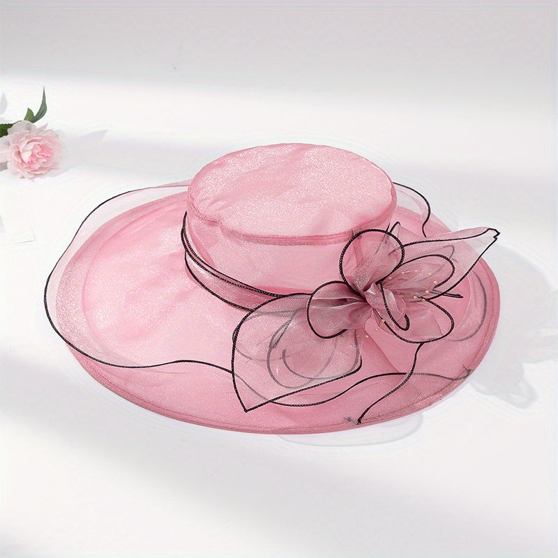 Organza Breathable Derby Hat Mesh Lace Flower Sun Hat Solid Church Hat