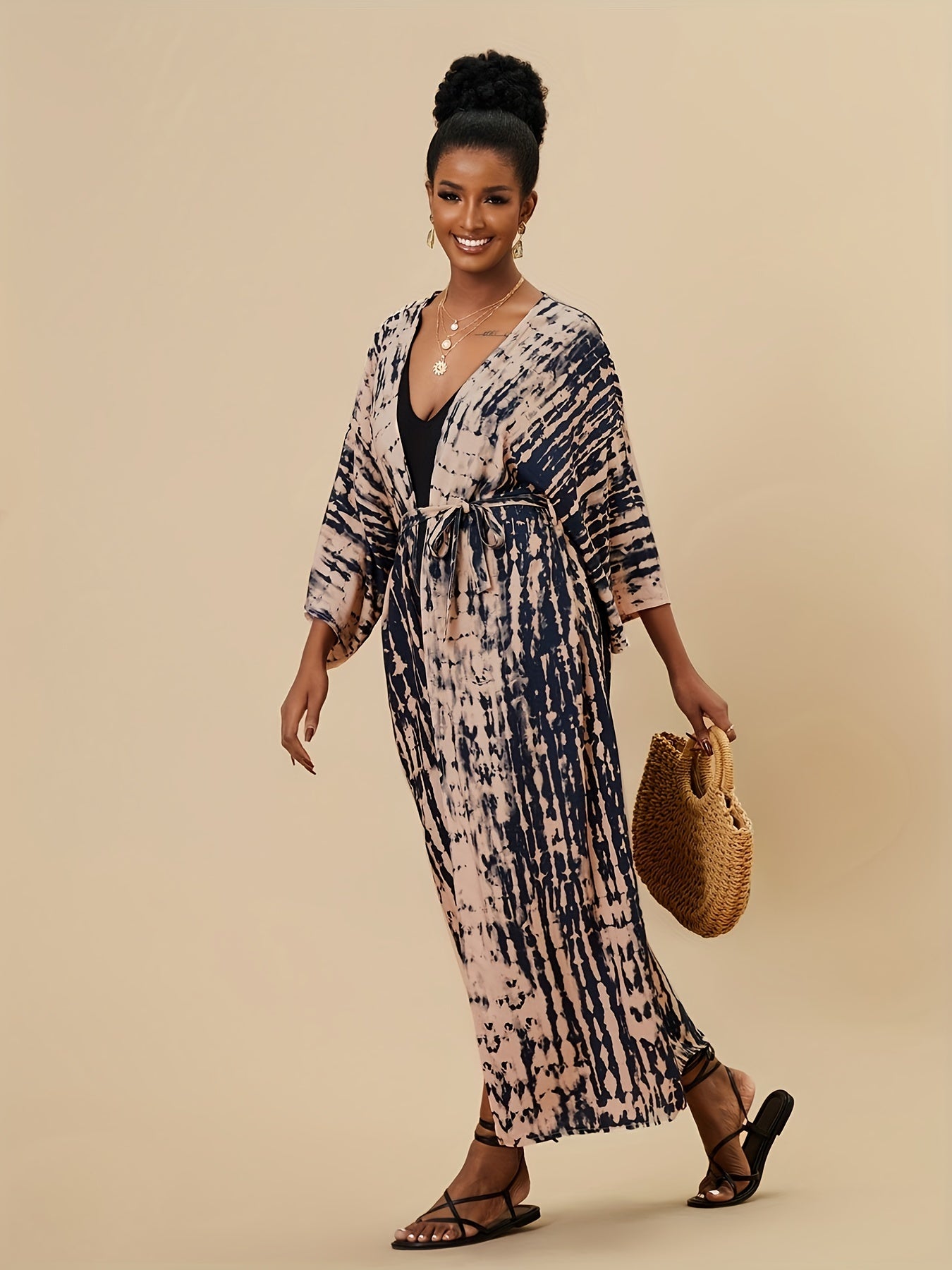 Tie Dye Cover Up Shirt V Neck Loose Fit Long Sleeves Beachwear Kimono