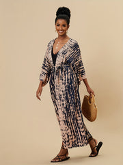 Tie Dye Cover Up Shirt V Neck Loose Fit Long Sleeves Beachwear Kimono