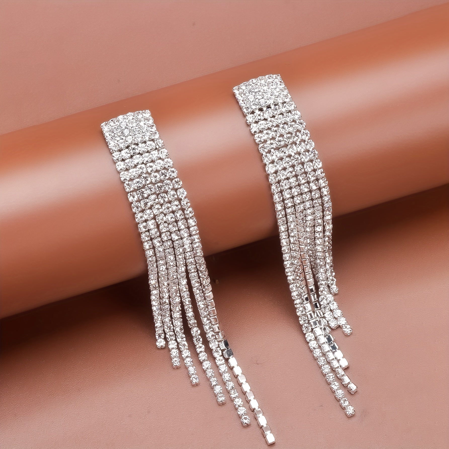 Sparkling Rhinestone Tassel Earrings Copper Silver Plated