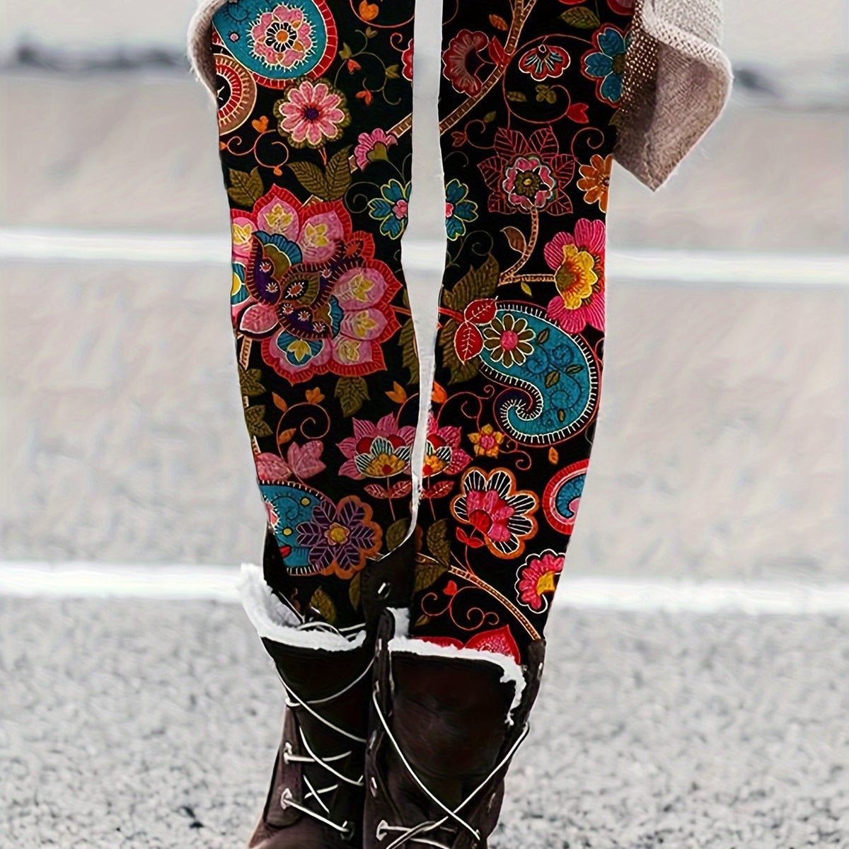  Boho Leggings Women's Plus Paisley Floral Print High Rise Leggings
