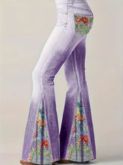  Denim Print Floral Panel Flare Pants